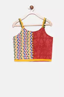 Red printed cotton top with dhoti for girls
