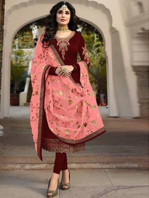 Dark Red Satin Georgette Party Wear Suit 1
