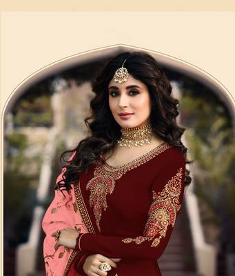 Dark Red Satin Georgette Party Wear Suit 2