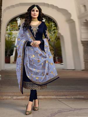 Dark Blue Satin Georgette Party Wear Suit 1