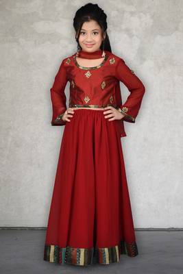 Maroon Embroidered Chanderi Silk Lehenga Choli Dupatta 1