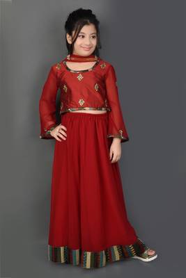Maroon Embroidered Chanderi Silk Lehenga Choli Dupatta 2