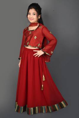 Maroon Embroidered Chanderi Silk Lehenga Choli Dupatta 3