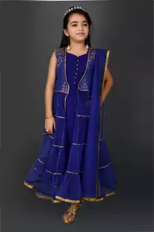 Blue Woven Net Stitched Kids Salwar Suits
