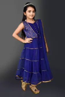 Blue Woven Net Stitched Kids Salwar Suits