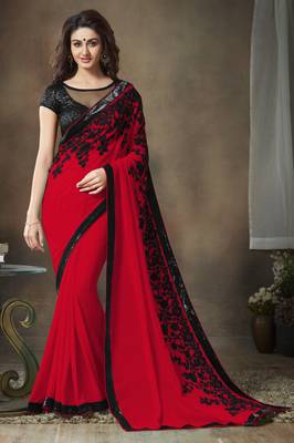 Red embroidered georgette saree with blouse 6