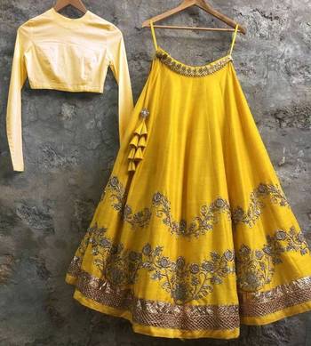 Yellow Mulberry silk Embroidered lehenga Choli with Dupatta 4