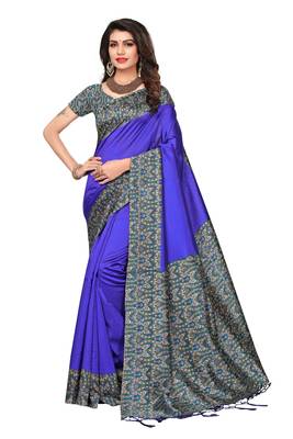 Blue printed art silk saree with blouse 1