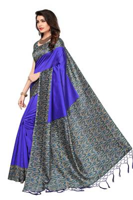 Blue printed art silk saree with blouse 3