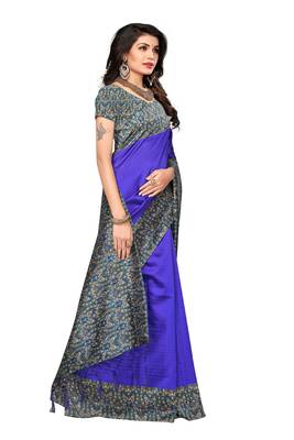 Blue printed art silk saree with blouse 4