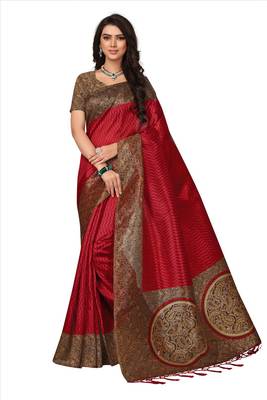 Red printed art silk saree with blouse 1