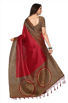 Red printed art silk saree with blouse 2
