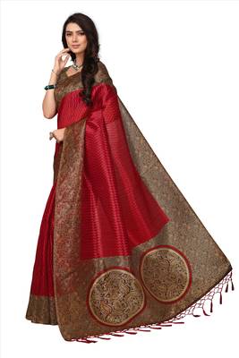 Red printed art silk saree with blouse 3