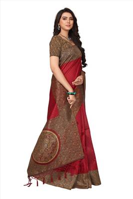 Red printed art silk saree with blouse 4