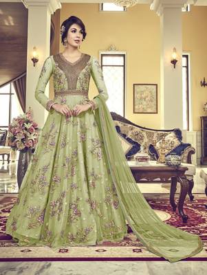 Mehendi Green Vaishnavi Net Embroidered Anarkali Suit 1