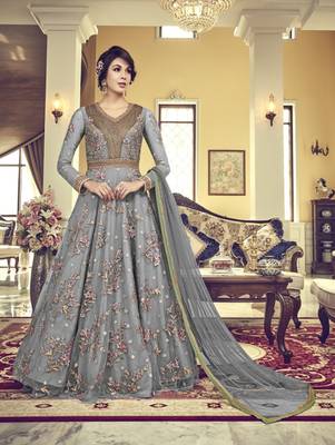 Light Grey Vaishnavi Net Embroidered Anarkali Suit 1