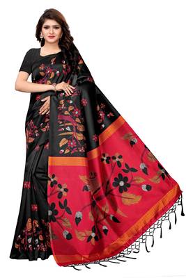 Black printed art silk saree with blouse 1
