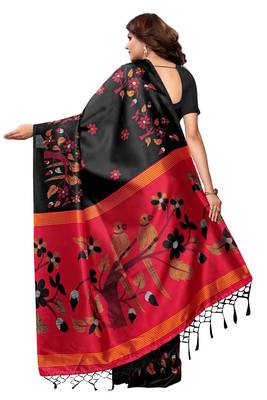 Black printed art silk saree with blouse 2