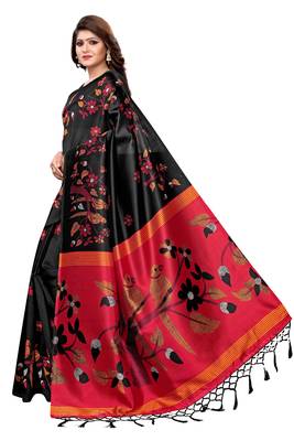 Black printed art silk saree with blouse 3