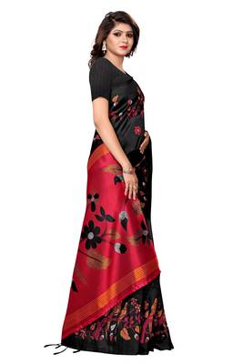 Black printed art silk saree with blouse 4