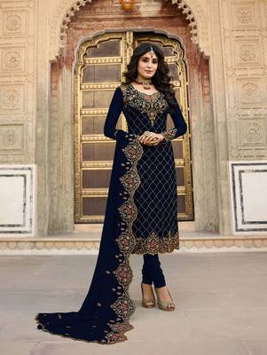 Navy Blue Faux Georgette Designer Straight Suit  1