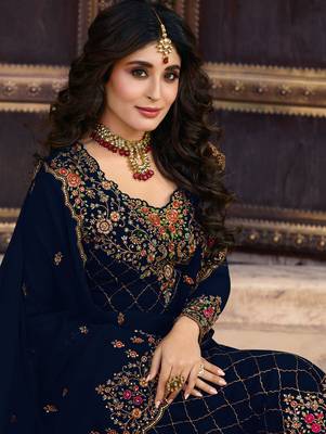Navy Blue Faux Georgette Designer Straight Suit  2