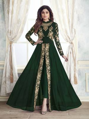 Dark Green Faux Georgette Designer Straight Suit  1