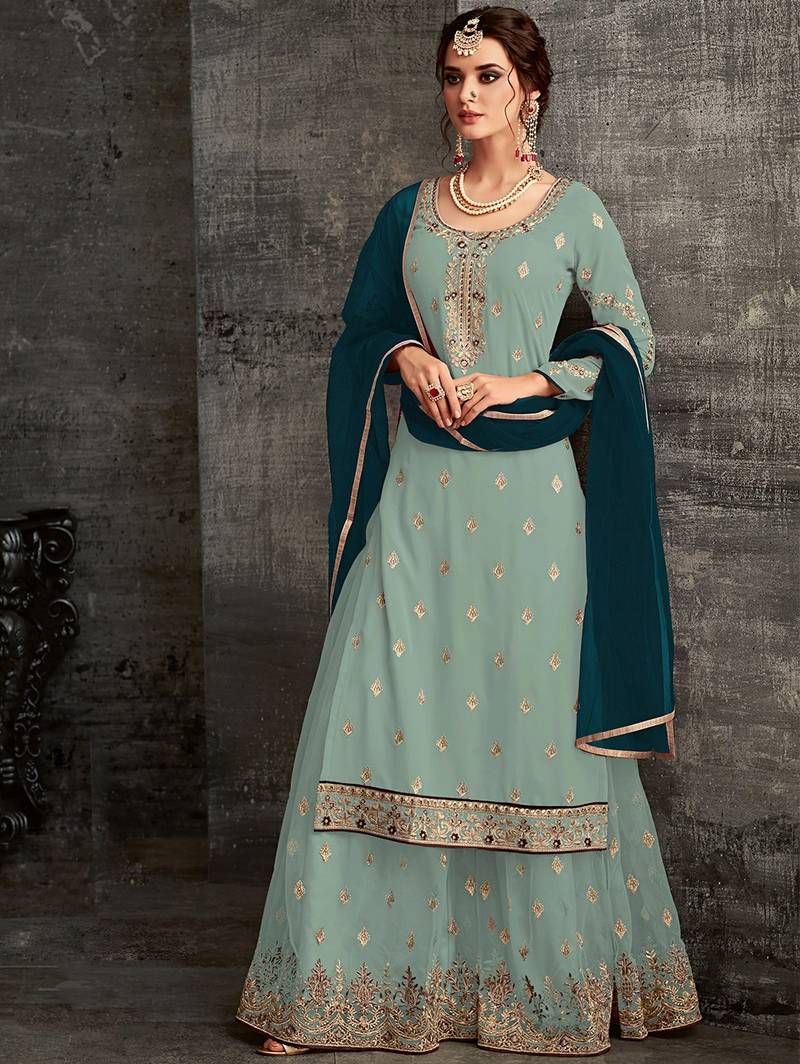 Light Cyan Faux Georgette Designer Sharara Suit 