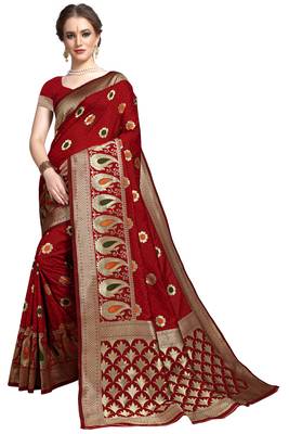 Maroon woven printed saree with blouse 1