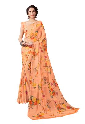 Orange printed chiffon saree with blouse 1