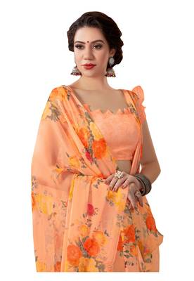 Orange printed chiffon saree with blouse 2