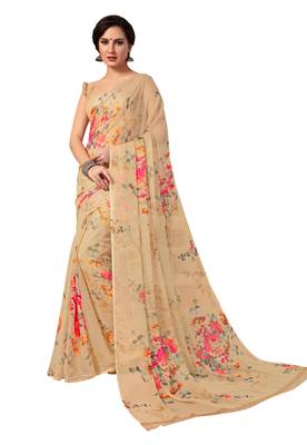 Beige printed chiffon saree with blouse 1