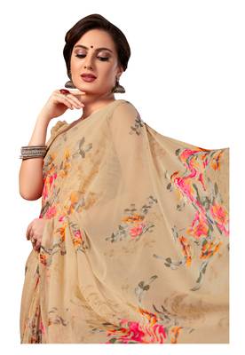 Beige printed chiffon saree with blouse 2