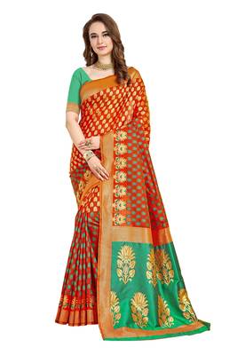 Orange woven printed saree with blouse 1