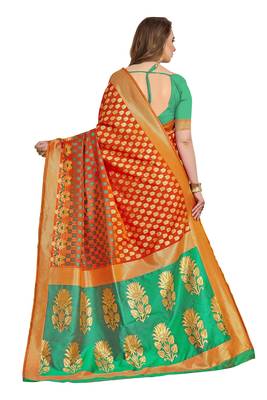 Orange woven printed saree with blouse 3
