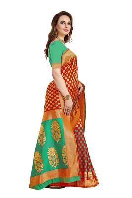 Orange woven printed saree with blouse 4