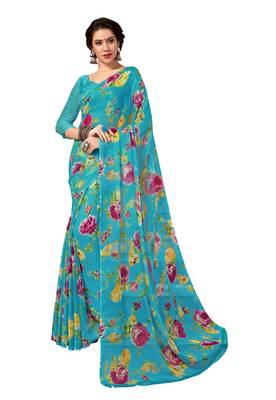 Teal printed chiffon saree with blouse 1