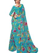 Teal printed chiffon saree with blouse