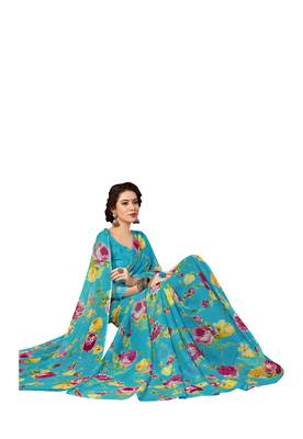 Teal printed chiffon saree with blouse 2