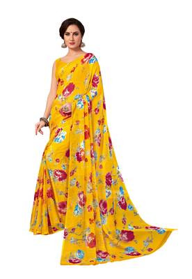 Yellow printed chiffon saree with blouse 1
