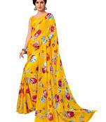 Yellow printed chiffon saree with blouse