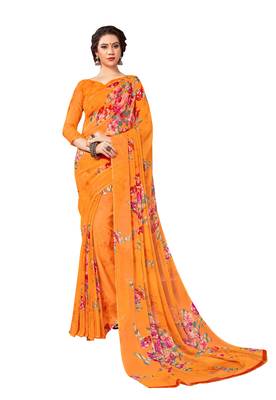 Orange printed chiffon saree with blouse 1
