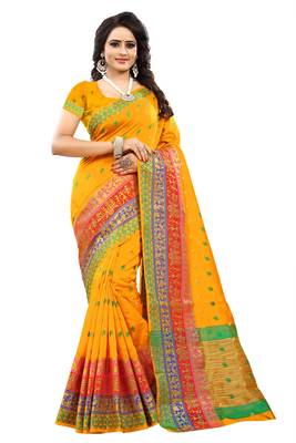 Yellow woven cotton saree with blouse 1