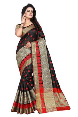 Black woven cotton silk saree with blouse 1