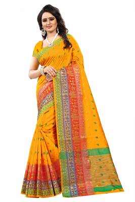 Yellow woven cotton saree with blouse 2
