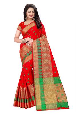 Red woven cotton saree with blouse 1