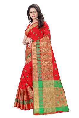 Red woven cotton saree with blouse 2