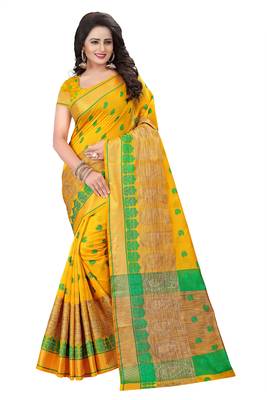 Yellow woven cotton saree with blouse 1