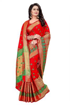 Red woven cotton saree with blouse 3