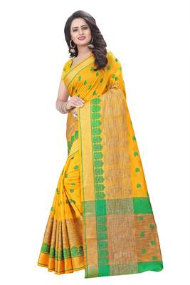 Yellow woven cotton saree with blouse 2